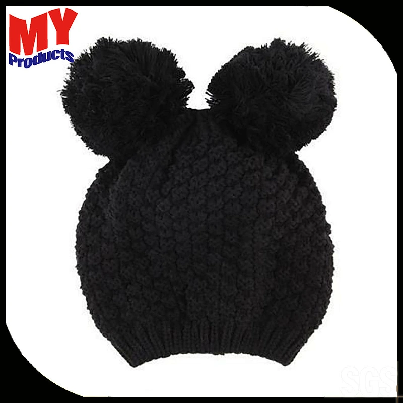 Adults black animal ear acrylic pom pom knitted winter hats