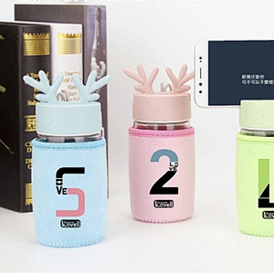 2018 Hot Sell Glass Water Bottle Portable 380 ml Glass Cup with Flannel Cup Cover and Mobile Phone Support Lid