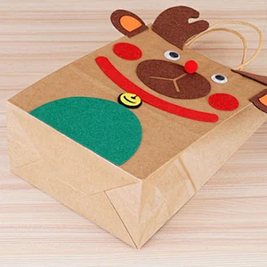 Custom Handle Gift Shopping Packaging DIY Craft Paper Carry Bags Manufacturer with Christmas elk sticker