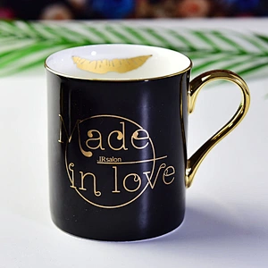 Bone china ceramic black mug creative gold stamp pattern for life