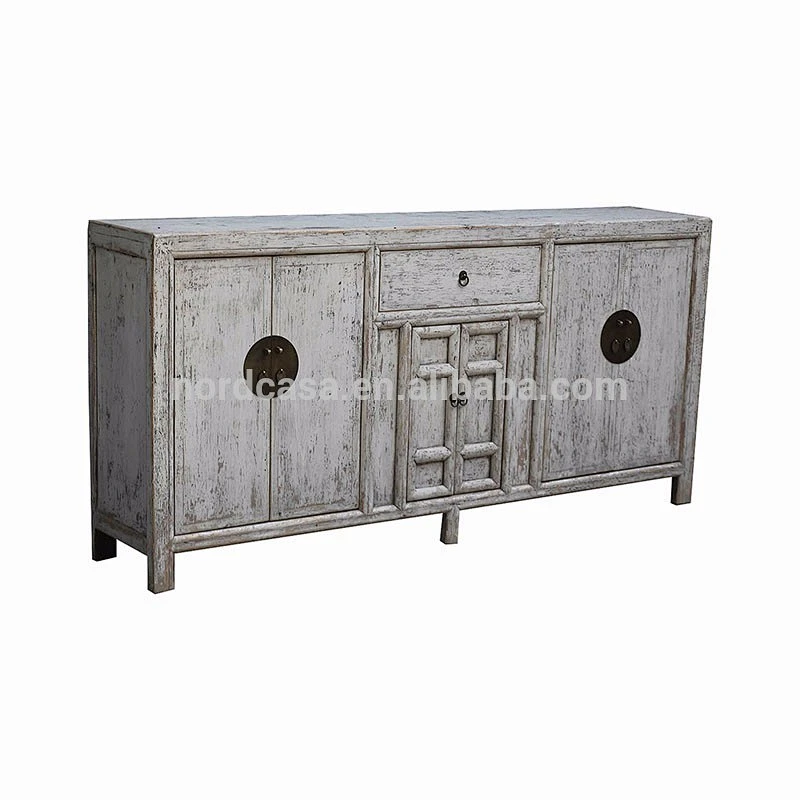 Oriental antique vintage solid wooden white lacquer buffet distressed cabinet