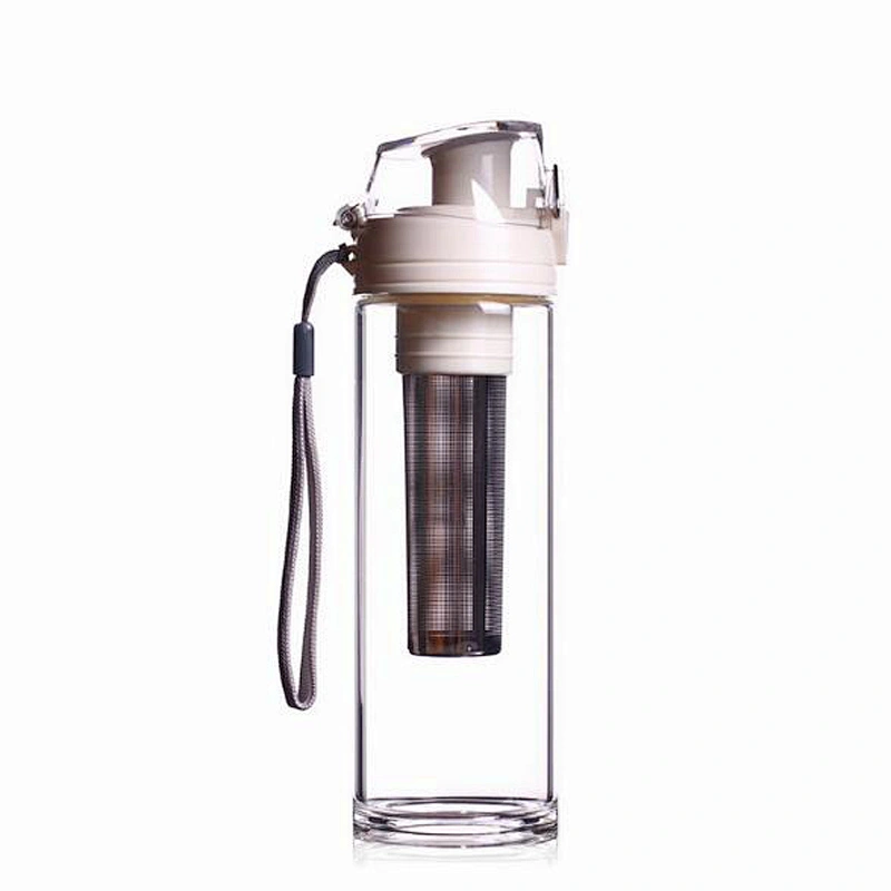 Double layer teacup with stainless steel detachable tea strainer and PVC cover cup for travel bottle