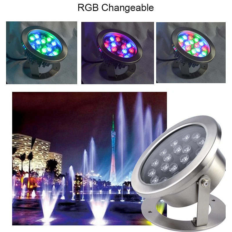 304 316S Stainless Steel IP68 Waterproof Outdoor Lighting 24V 18W Pure White Warm White RGB LED Underwater Light Wireless