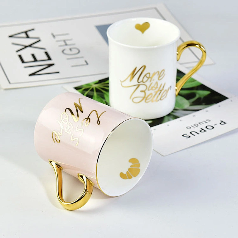 Hot sales fancy ceramic cup pink glaze mug gold handle cup 2019