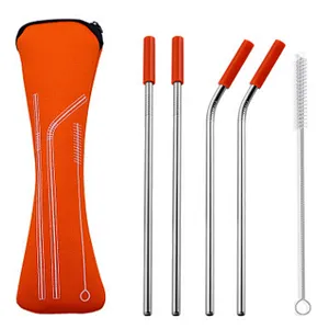 Stainless Steel Reusable colorful Drinking Straws Stainless Steel Set with Silicone Case