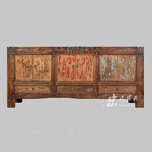 chinese antique style 3 drawer 6 door hand painting reclaimed elm wood buffet