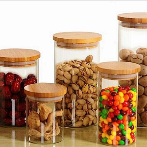 Simple style glass storage tanks bottle with bamboo lid for snack and cookie