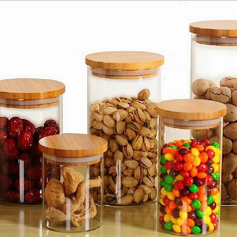 Simple style glass storage tanks bottle with bamboo lid for snack and cookie
