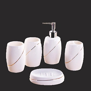 5 Pieces of Ceramic Bathroom Accessories Set Factory Directly Promotional Bathroom Toothbrush Cup Set Gold Line