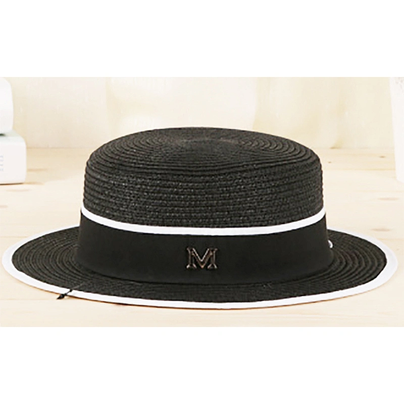 Summer Holiday Beach Sun Black And White Pom Pom Straw Hat
