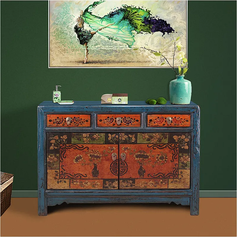chinese antique furniture blue frame colourful two door three drawer cabinet