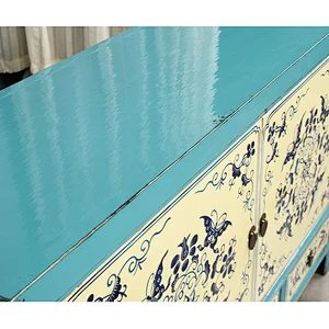 chinese antique Mediterranean blue and white painted solid wooden vintage living room buffet