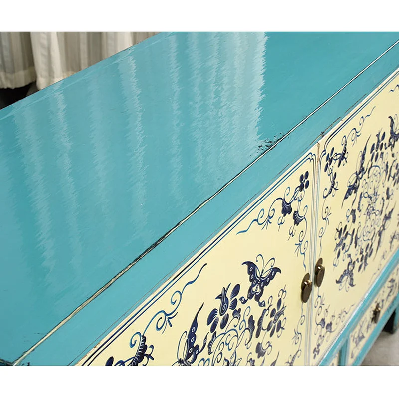 chinese antique Mediterranean blue and white painted solid wooden vintage living room buffet