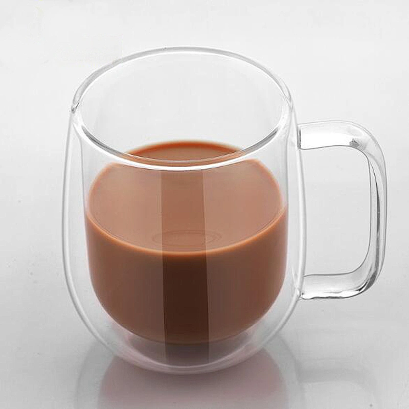 New Design Double Wall Glass Coffee Cup Creative Big Tummy Glass Mug Customized Logo Water Cup with Handle 250 ml