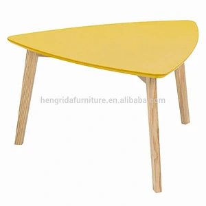 scandinavian large pine wood triangle coffee table with yellow MDF top