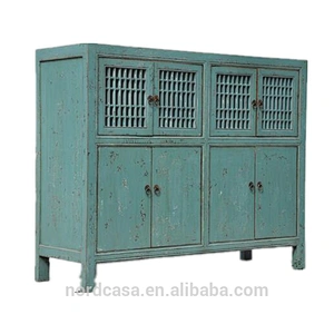 chinese antique style blue color reclaimed elm wood kitchen cabinet