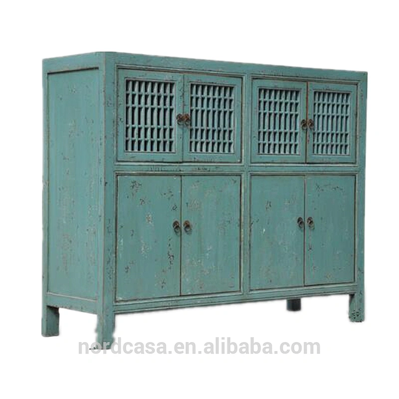 chinese antique style blue color reclaimed elm wood kitchen cabinet