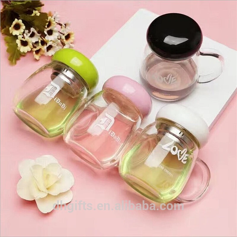 High Borosilicate Glass Water Bottle Portable Cute Style Tea Can Water Cup with Lid for Couple
