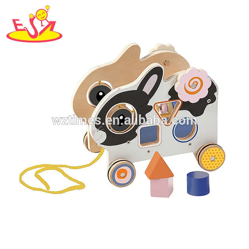 2018 Cheap wooden animal pull toys with rope for baby W05B168