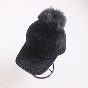 Ladies suede leather embroidery designs fur ball pom pom cap