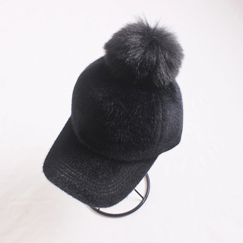 Ladies suede leather embroidery designs fur ball pom pom cap