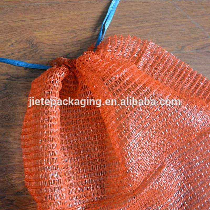 Blue drawstring orange plastic raschel mesh bag for vegetable and fruit