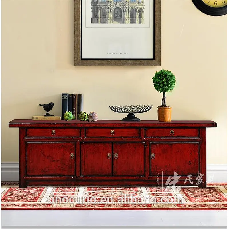 Chinese Antique Reclaimed Wood Furniture Cabinet Red High Glossy TV Stand