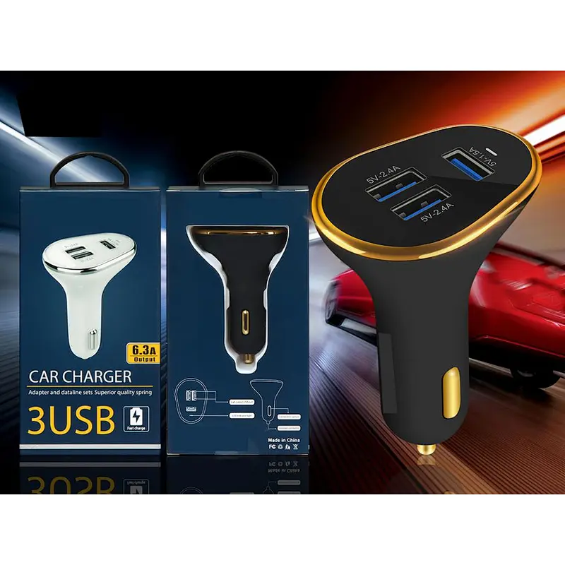 Wholesale Black White Metal Portable Mobile Phone 3 USB Port Car Charger