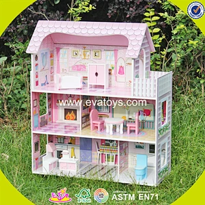 2018 Wholesale pink wooden dollhouse kits top fashion girls wooden dollhouse kits cheap kid wooden dollhouse kits W06A139