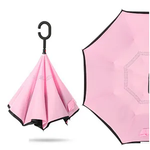Reverse Folding Double Layer Inverted Umbrella And Self Standing Inside Out Rain Protection Umbrella With C Handle