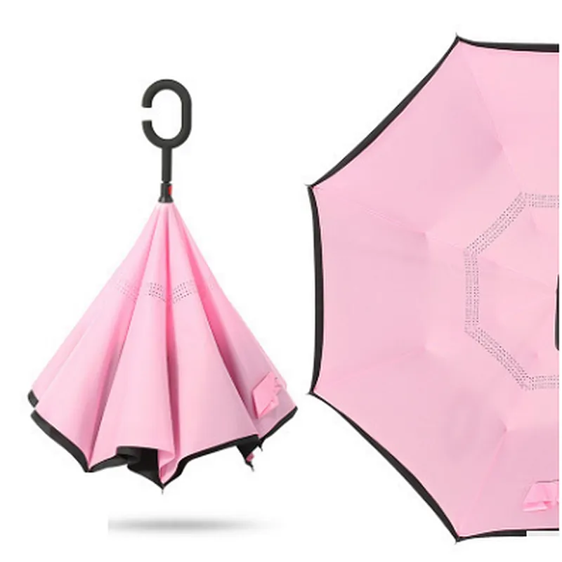 Reverse Folding Double Layer Inverted Umbrella And Self Standing Inside Out Rain Protection Umbrella With C Handle