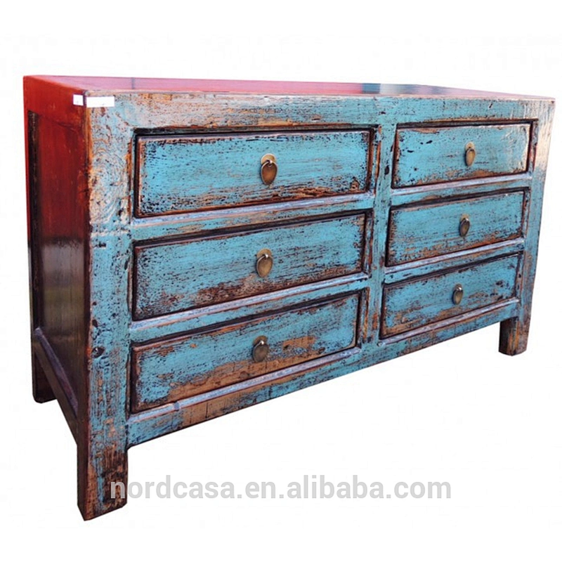 chinese reclaimed wood blue color six drawers side cabinet