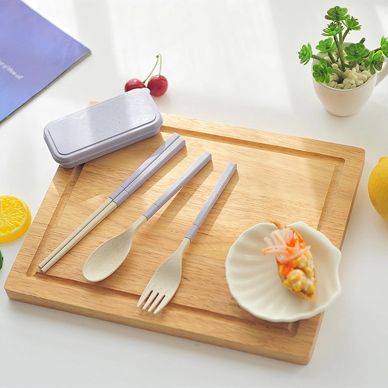 New Style in Stock Restaurant Goods Wheat Straw 3-Piece Spoon Chopsticks Fork Utensil Set Portable Camping Tableware Set