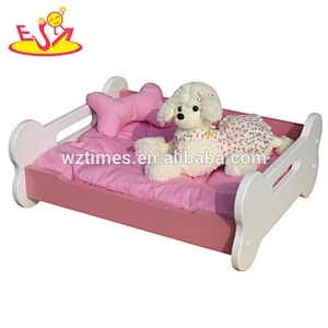 Wholesale top quality wooden blue household pet bed with cotton canvas mattress W06F007B