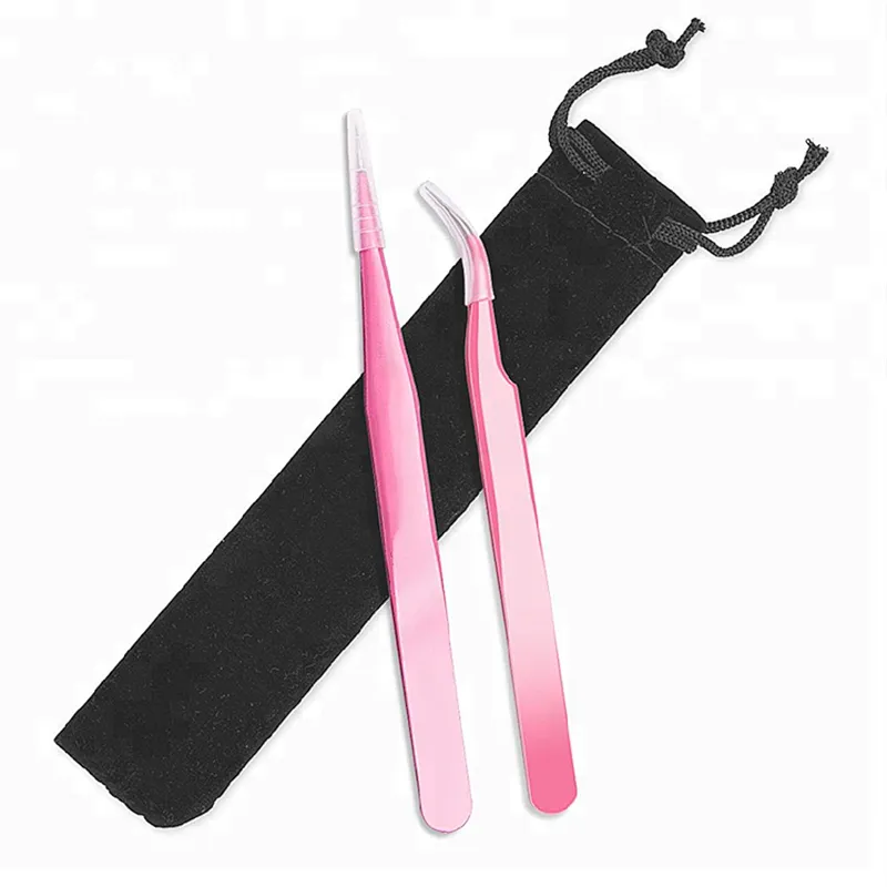 High Quality Wholesale Mini Black False Eyelash Extension Stainless Steel Slant Tip Lash Tweezer Sets Manufacturer