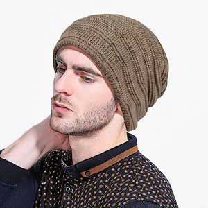 Men Slouch Beanie Skull Ski Wool Beanie Cap/Custom Leather Patch Beanie