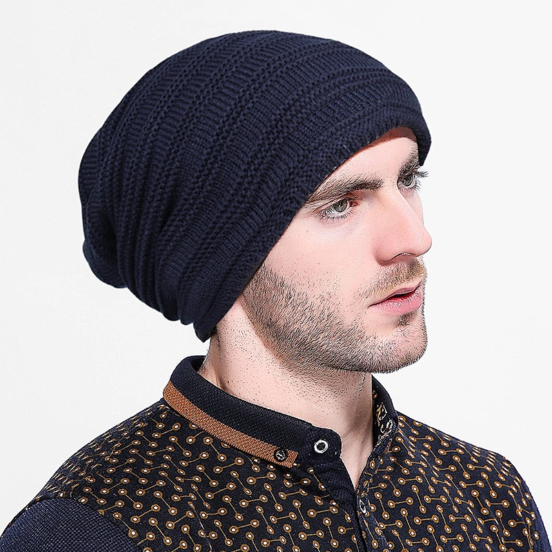Men Slouch Beanie Skull Ski Wool Beanie Cap/Custom Leather Patch Beanie