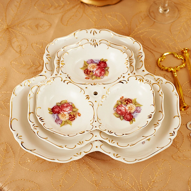 European Ceramic three layers of fruit plate three continuous with gold crown
