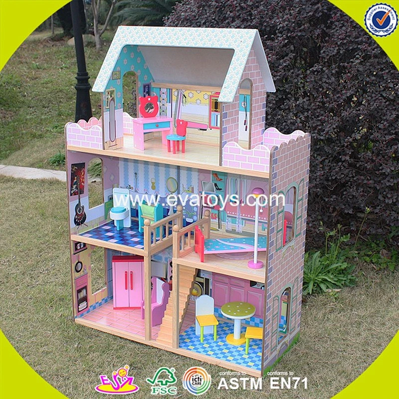 wholesale lovely role play kids wooden dollhouse delicate style children's wooden pink dollhouse for sale W06A032