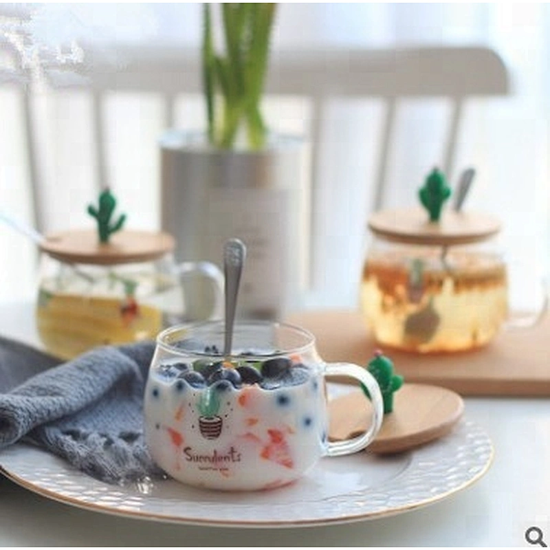 Creative 200ml 300ml Cartoon High Borosilicate Glass Mug With Bamboo lid and Spoon