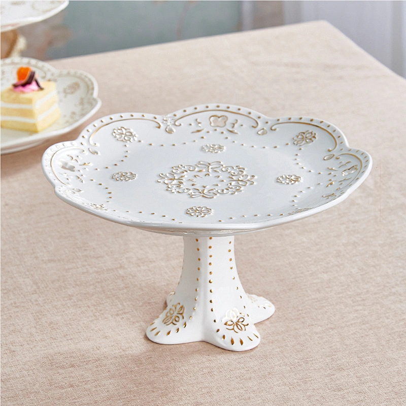 Good Quality Ceramic Tableware Fruit Cake Dessert Dish Customized Logo Pottery High Foot Snacks Plate Gifts