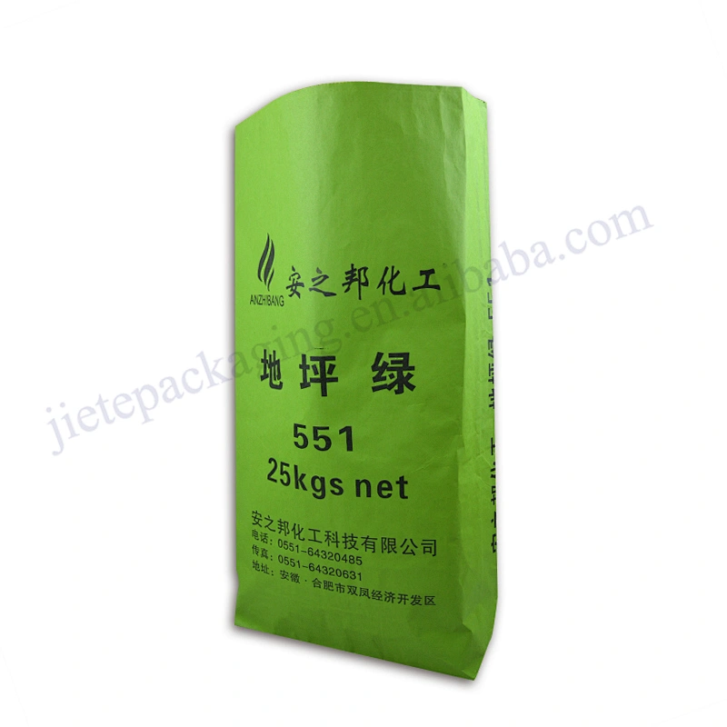 Green 25kg block bottom stand up multilayer kraft paper chemical resistance bag industrial and agricultural use