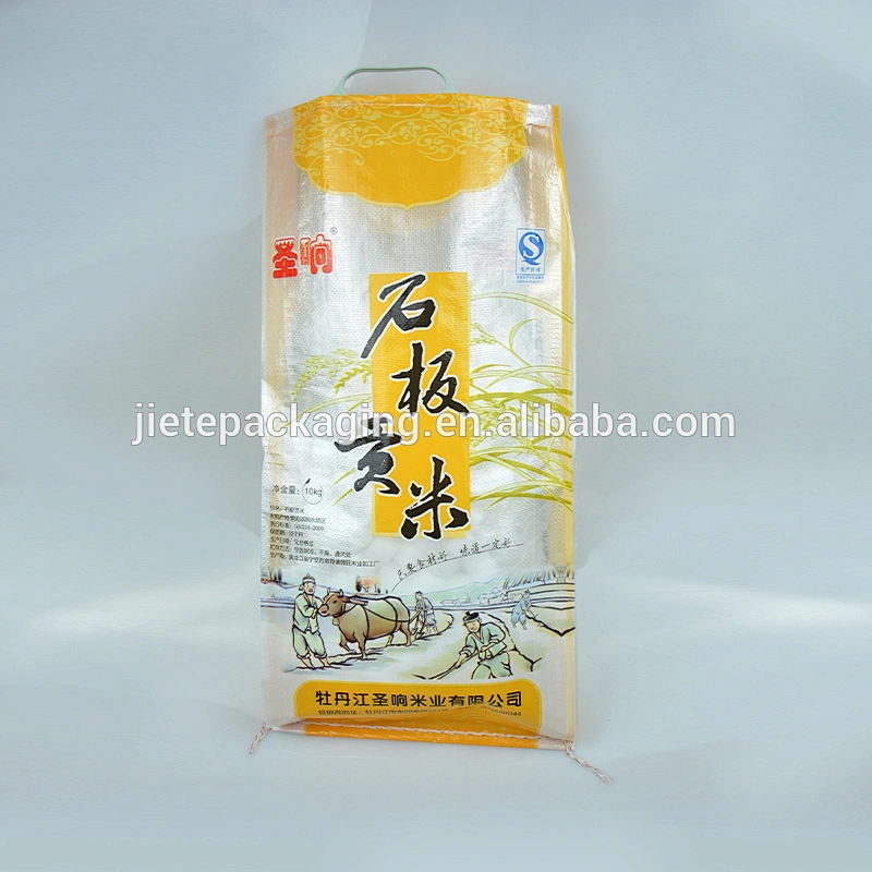 Transparent plastic PP woven bag for 15kg rice with printing, handle, lamination