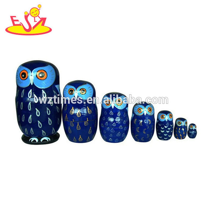 Wholesale traditional style owl pattern russian doll toy wooden nesting blocks toy for kids W06D089