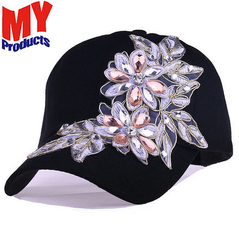 Wholesale fashion 6 panel dad hats colorful bling rhinestone logo ladies baseball hat and cap