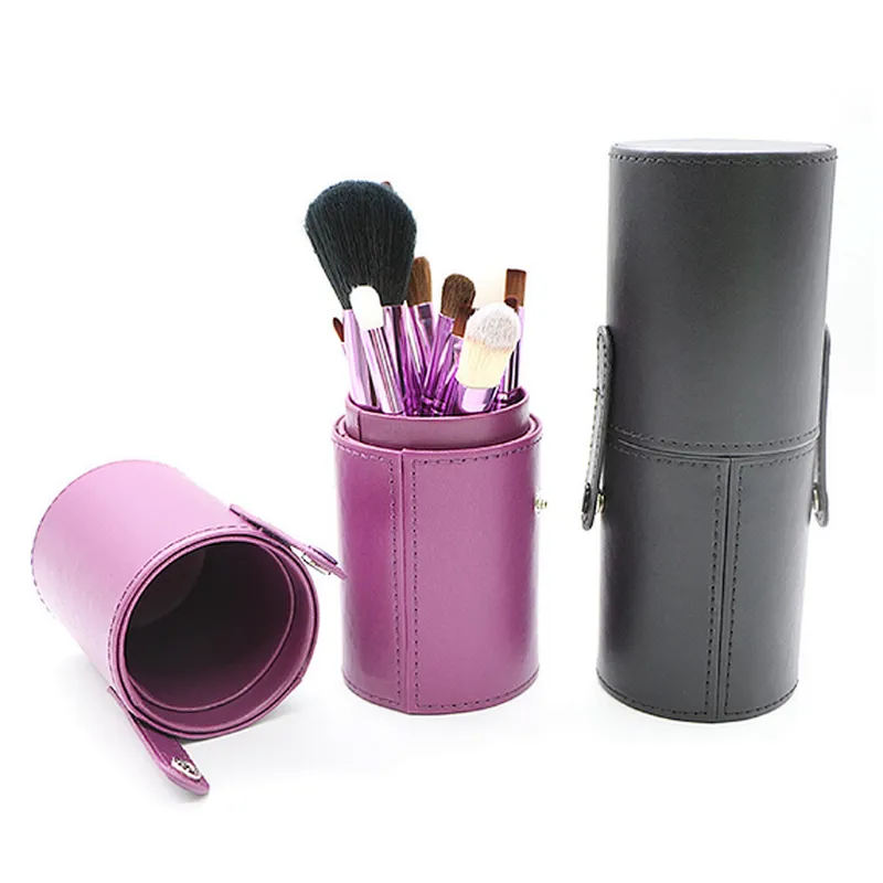 portable 12 Pieces pu Barrel Makeup Brushes Set With color Bag Professional Brushes For Makeup