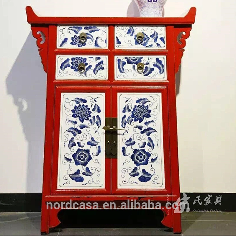 four drawer two door antique style chinese side table