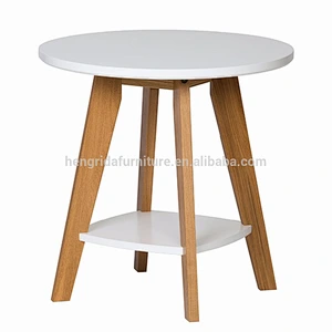 scandinavian small round 2 tier solid wood oak side table with white MDF top