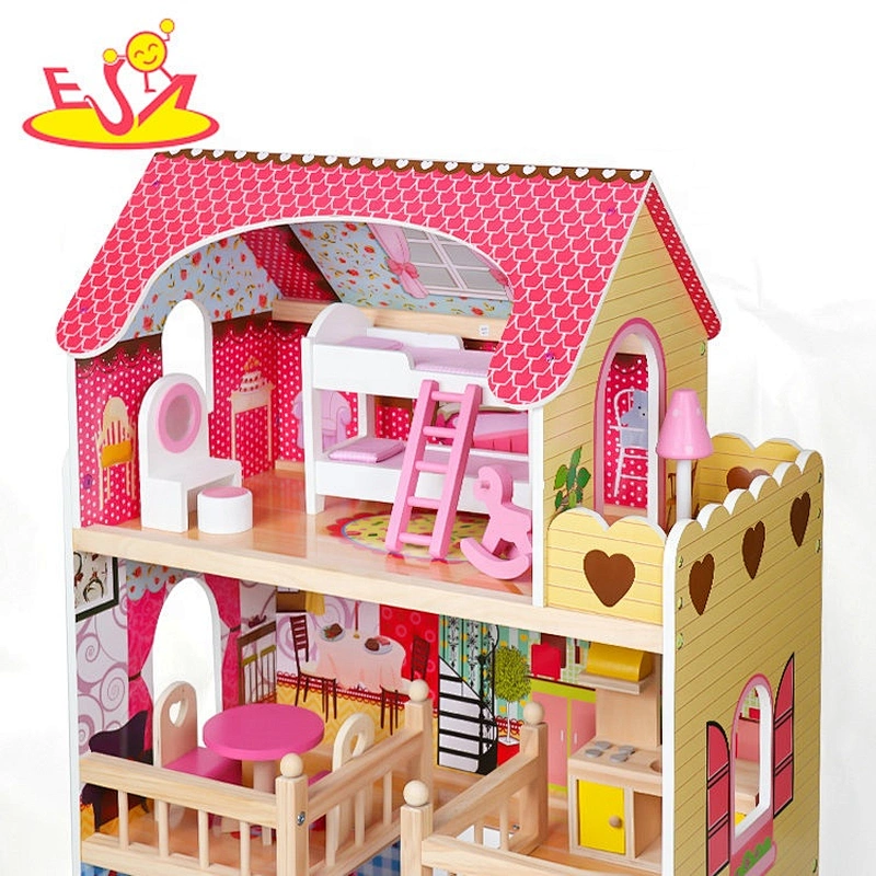 2018 Neues Design Mädchen Holz rosa Holz Puppenhaus-Kits für vorgeben W06A163C
