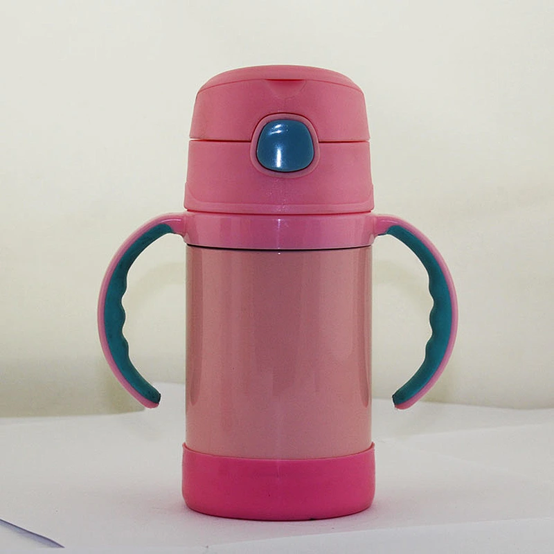 High Quality Double Wall Stainless Steel Vacuum Flask Baby Cup with Straw and Non-Slip Sleeve in Bottom